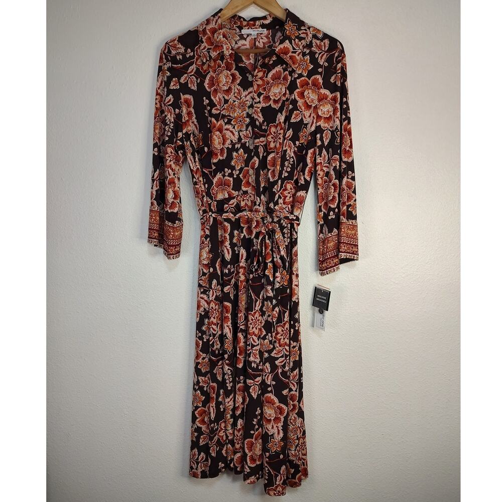 Studio One New York Burgandy Taupe Floral Faux Wrap Button Skirt Midi Dress Lg